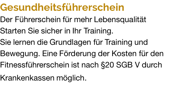 Gesundheitsführerschein Der Führerschein für mehr Lebensqualität Starten Sie sicher in Ihr Training.  Sie lernen die Grundlagen für Training und Bewegung. Eine Förderung der Kosten für den Fitnessführerschein ist nach §20 SGB V durch Krankenkassen möglich.